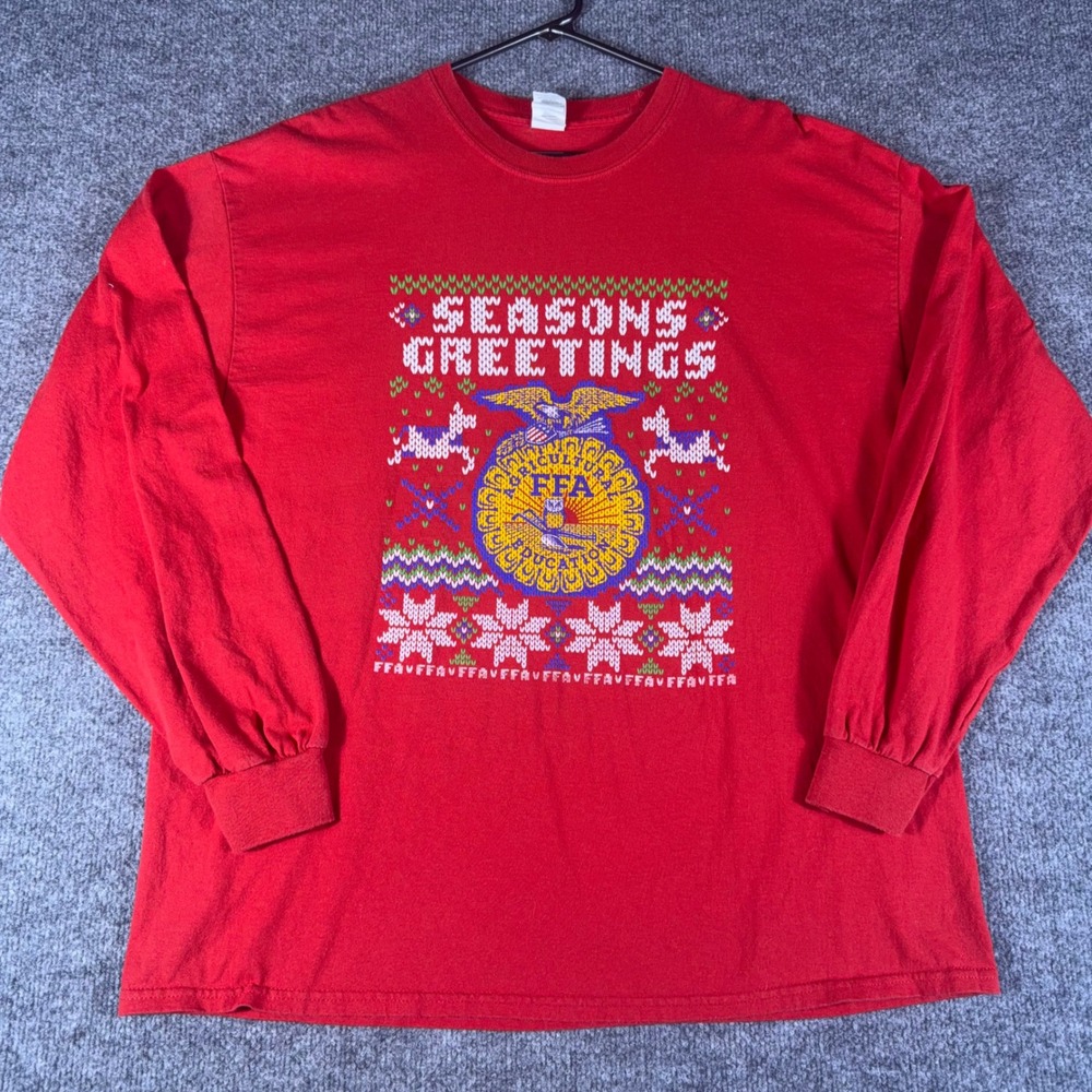 Gildan FFA Seasons Greetings Red Long Sleeve T-Shirt Mens XL Holiday Graphic